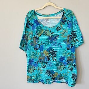 Catherines Blue and Green Tropical Print Short Sleeve Top
